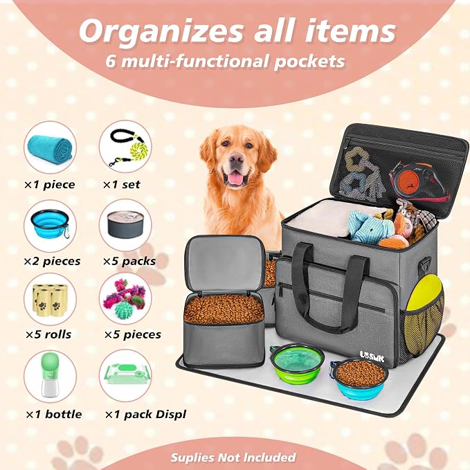 5 Set Dog Travel Bag for Supplies, Dog Lovers, Large Pet Travel Kit Includes 2 Food Containers&2 Collapsible Bowls、Placemats,Grey