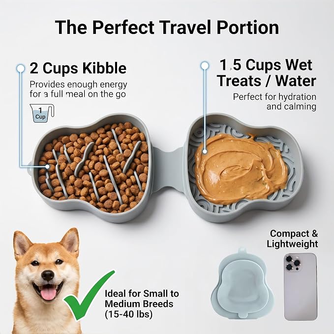 Collapsible Dog Travel Bowl with Lid, Portable Slow Feeder & Lick Mat Combo, Mess-Free Clamshell Silicone Water Dish for Hiking (Khaki)