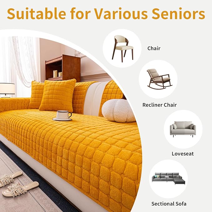 Velvet Couch Cover, Plush Sectional Sofa Cover Washable, Anti Slip Sofa Slipcover for 3-4 Cushions Sofas, Furniture Protector Covers for Pets & Kids(1PC,Mustard Yellow,36"×83")