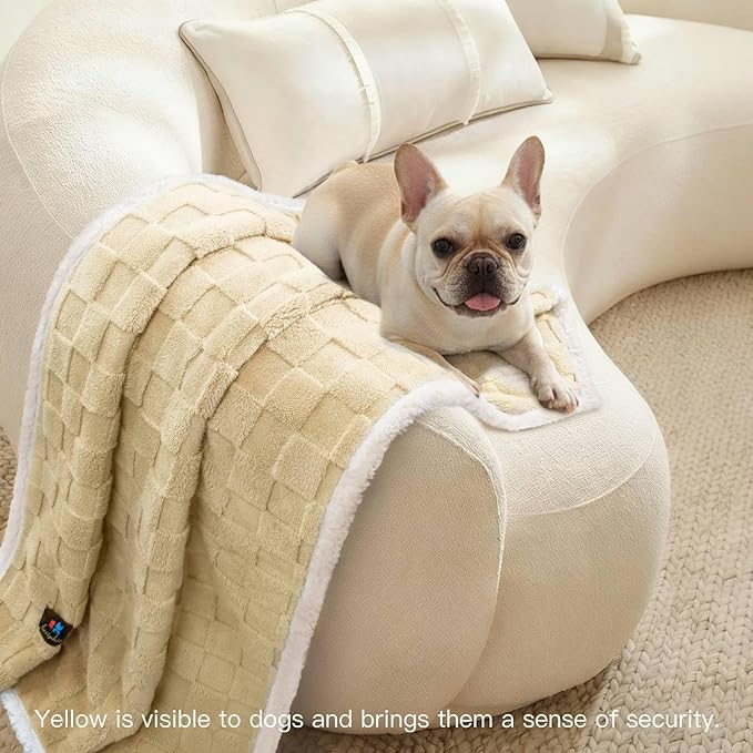 Luciphia Waterproof Dog Blanket, Emotional Support Leakproof Small Pet Blanket for Couch Sofa Bed Protector, Washable Soft Sherpa Fleece with 3D Jacquard, Cozy Calming Reversible, Yellow, 40"x28"