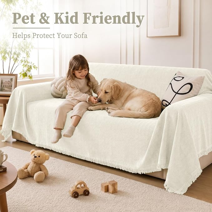 hyha Couch Cover for Dogs, Boho Sofa Covers for 3 Cushion Couch Washable, Chenille Sofa Slipcover for Pets, Soft Loveseat Sectional Couch Throw Blankets with Tassels (Beige, 88.5x150 Inch)
