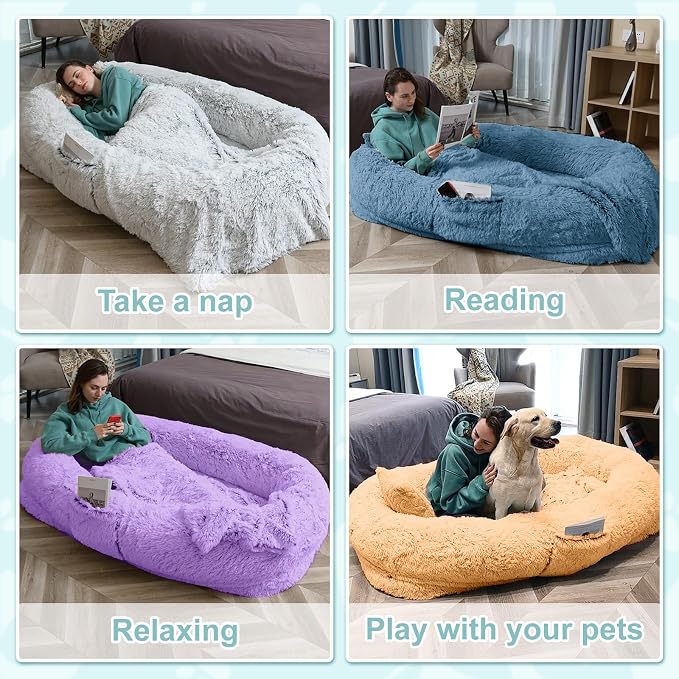 YAEM Black Human Dog Bed for Adult and Pets - 71"x45"x12" Dogs Beds for Humans with Washable Faux Fur Cover, Plump Pillow, Blanket, Orthopedic Design & Strap