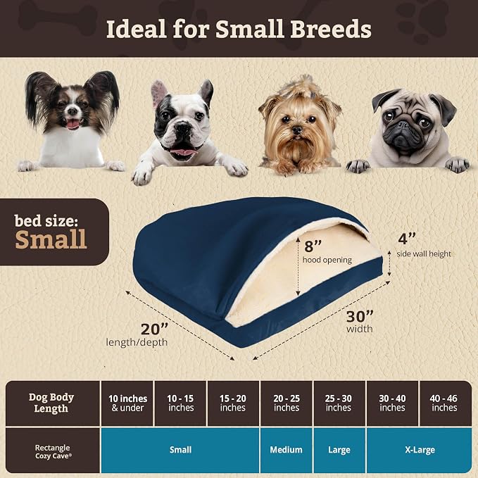 Snoozer Rectangle Cozy Cave Dog Bed - Indoor Dog Bed with Cover Cave, Covered Calming Burrow for Small Sized Pets with Blanket Attached, Enclosed, Washable Cover - Small, Saphire