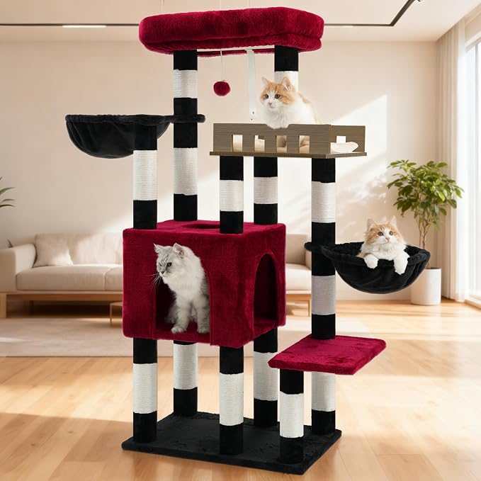 Gitelsnour Cat Tree for Indoor Cats Large Adult, Heavy Duty Cat Tree for Large Cats 20 lbs+, Cat Condo with Big Wooden Perch, Cat Tower with 14 Scratching Posts, Hammock, Black GCT023BR