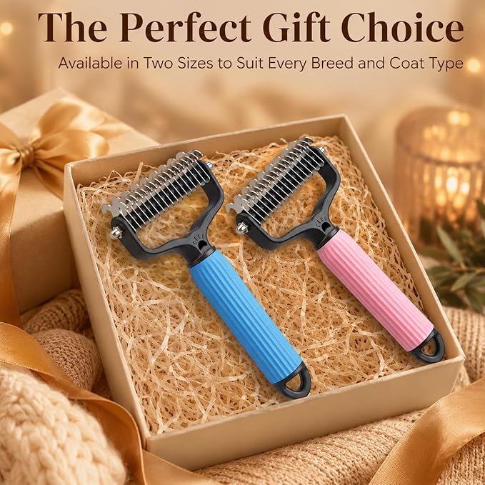 2PCS Pet Pro Grooming Tool, Dematting Comb for Dogs and Cats, Double Sided Undercoat Rake Pet Brush with 17 Teeth, Removes Tangles Knots and Loose Fur (Blue+Pink, Large)