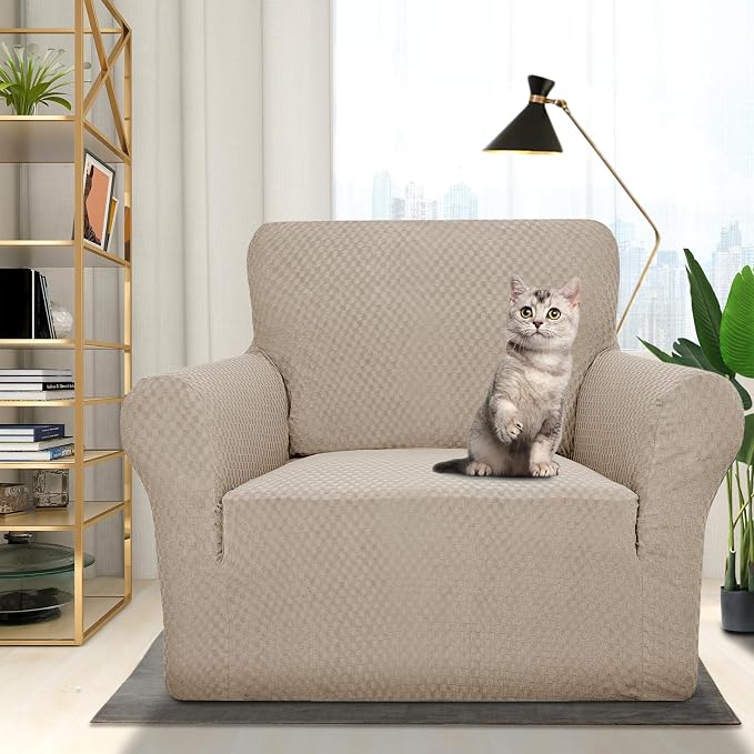 ZNSAYOTX 1 Piece Jacquard Chair Slipcovers for Living Room High Stretch Chair Covers with Arms Anti Slip Pets Friendly Couch Sofa Armchair Cover Furniture Protector (Chair, Khaki)
