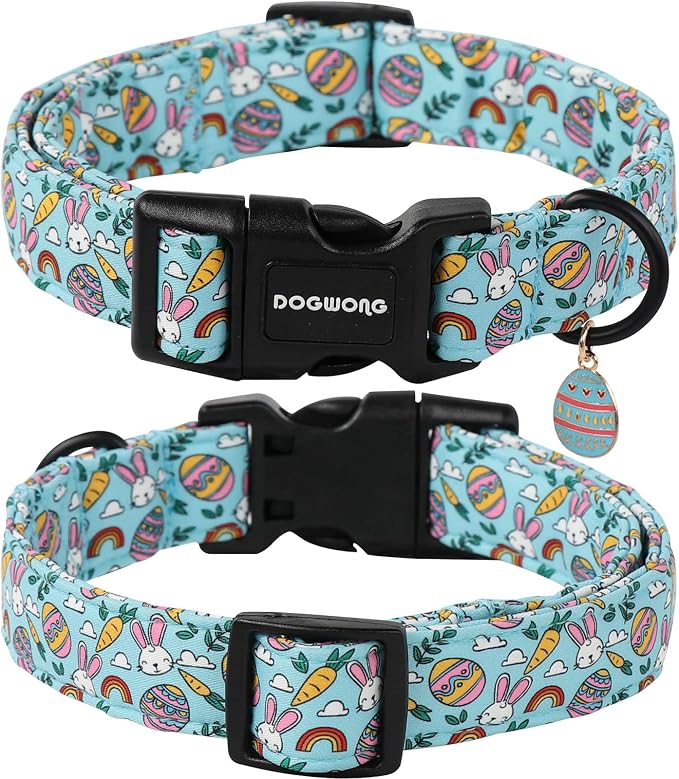 DOGWONG Easter Dog Collar- Cute Blue Babbit Egg Dog Collars Adjustable Designer Easter Day Puppy Heart Dog Collar for Small Medium Large Dogs L