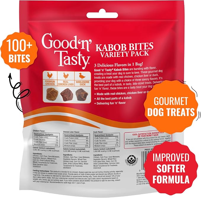 Good 'n' Tasty Kabob Bites Treat for All Dogs, 18 Ounces, Gourmet Dog Treats with Chicken, Duck or Chicken Liver, New Improved Formula for Softer Texture