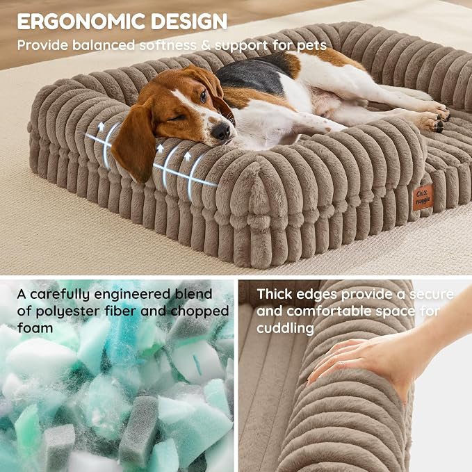 Orthopedic Dog Bed for Large Dogs, Washable Dog Bed with Faux Rabbit Fur Waterproof Cover, High Density Egg Crate Foam Support with 3-Sided Bolsters for Senior Dogs, Non-Skid Bottom,35x28x7, Taupe