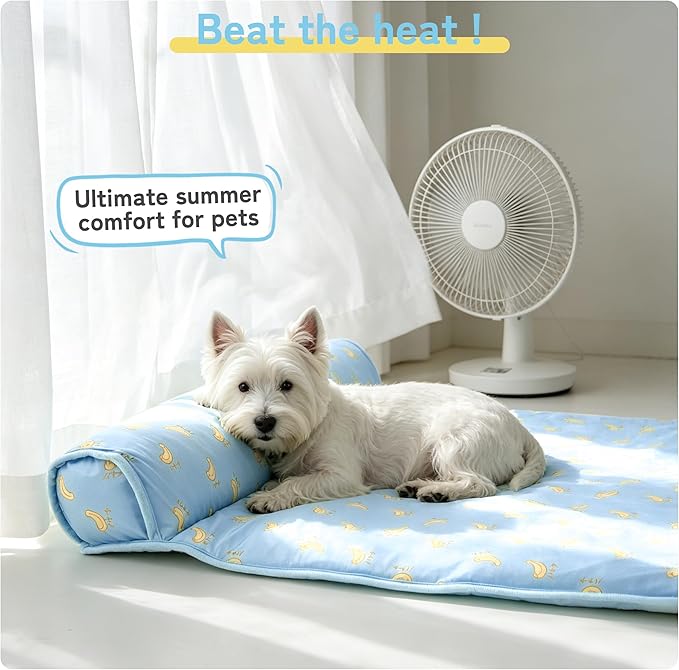 PUMYPOREITY Cooling Dog Bed, Pet Cooling Mat with Pillow, Ice Silk Cooling Dog Blanket, Self Cooling Pad for Cat,Dog, Washable Summer Pet Mat for Kennel, Crates, Sofa, Floor, Blue, L