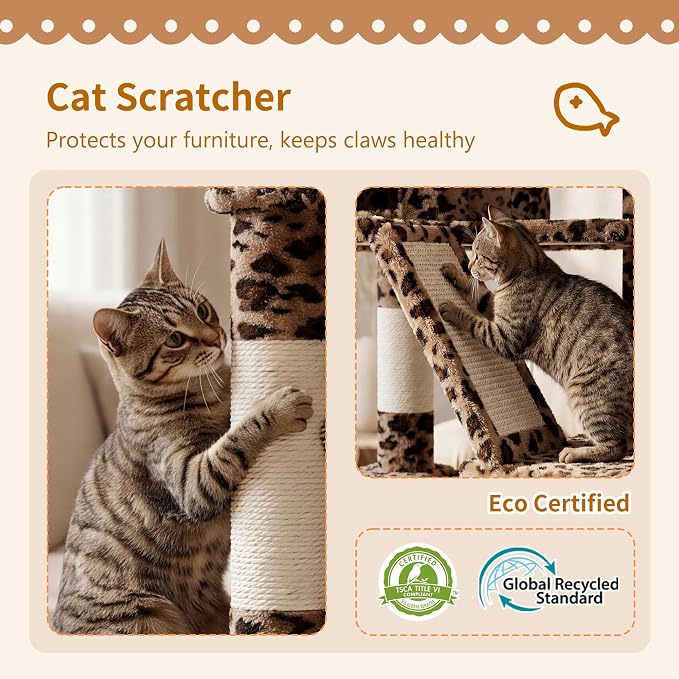 Heybly Cat Tree, 71-Inch-Tall Tower for Indoor Cats with 2 Perches, 2 Big Condos, 2 Hammocks, Basket, Scratching Pad, Large Cat Furniture and Condo, Leopard Print HCT034BW