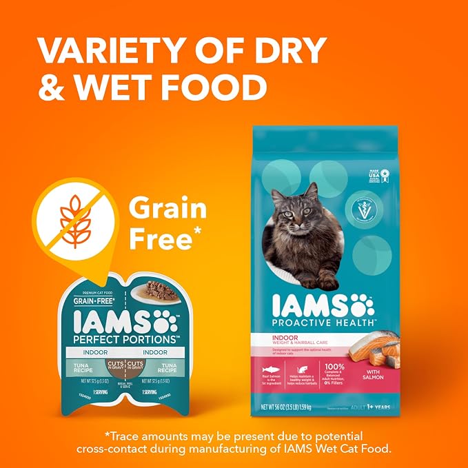 IAMS Perfect Portions Grain Free Wet Cat Food, Indoor Adult Cat Food Wet Cuts in Gravy, Variety Pack: Tuna & Salmon Recipe, 1.98 lb. (Pack of 1) Twin-Pack Trays
