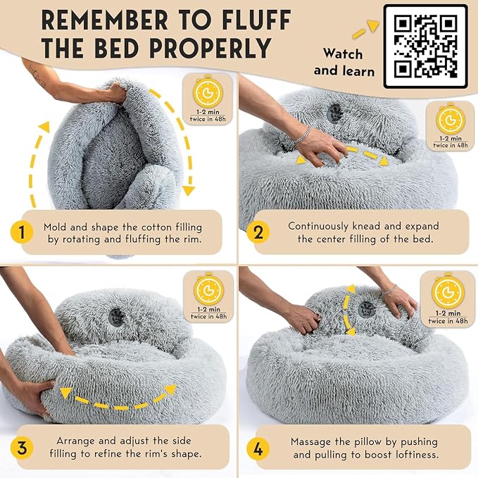 PetJett Calming Dog Bed Medium Size Dog - 30'' Donut Bed, Washable Dog Bed - Anti-Slip Super Soft Fluffy Plush Round Bed, Anti-Anxiety Premium Comfort Pet Bed, Fits Dogs up to 45 lbs - Bright Grey
