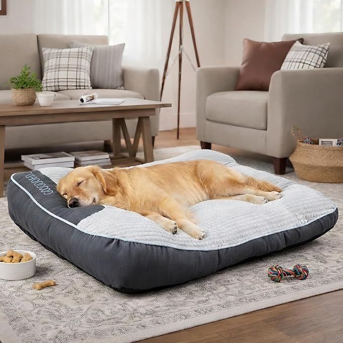 Orthopedic XL Dog Bed for Large Dogs Up to 110lbs, Soft Fluffy Thick Rectangular Sofa with Pillow, Non-Slip Bottom, Grey 47"x37"x8" - Joint Support for Senior & Arthritic Dogs