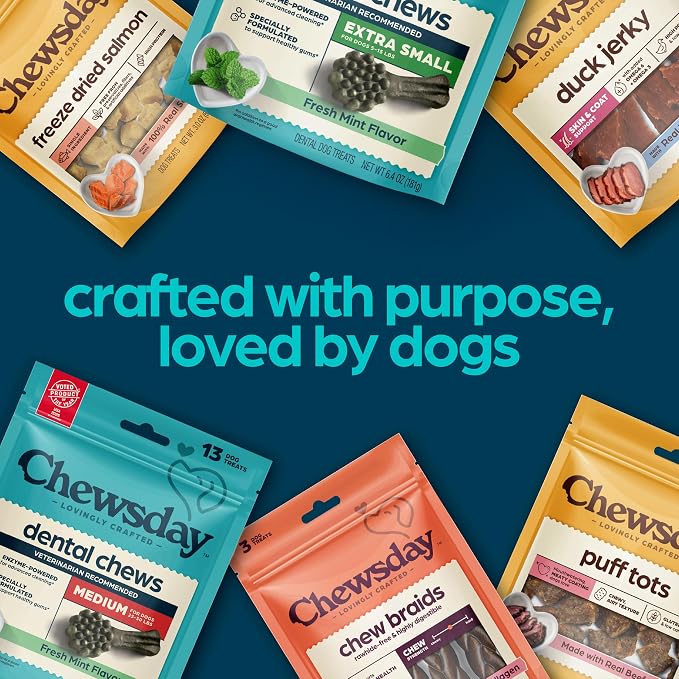 Chewsday Fresh Mint Flavor Dental Chews, Extra Small Dog Treats, Healthier Teeth and Fresher Breath, Enzyme Powered for Advanced Cleaning, Made in the USA, 24 Count