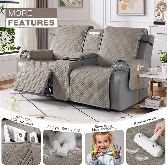 TAOCOCO Loveseat Recliner Cover with Center Console, 100% Waterproof Pet Covers for Dual Recliner with Straps Design, Split Reclining Loveseat Cover Furniture Pet&Kid Protector (2 Seater, Light Brown)