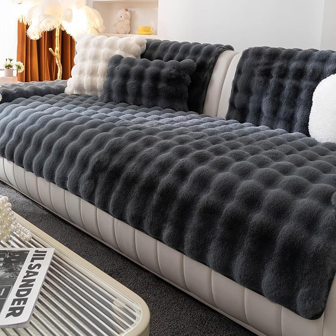 Faux Fur Couch Cover, Soft Warm Plush Sofa Couch Cover, Non Slip Sectional Sofa Slipcovers, Washable Furniture Protector for Kids, Dogs, L Shaped Armrest Backrest Cover(Dark Grey, 36"x 36")