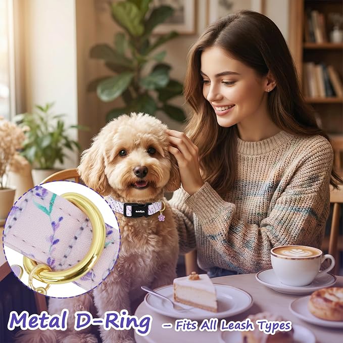 Dog Collar for Large Dogs, Spring Purple Dog Collars with Flowers Pattern, Adjustable Cotton Dog Collars, Cute Girl or Boy Dog Collar Ideal for Gifts,Pet Accessory