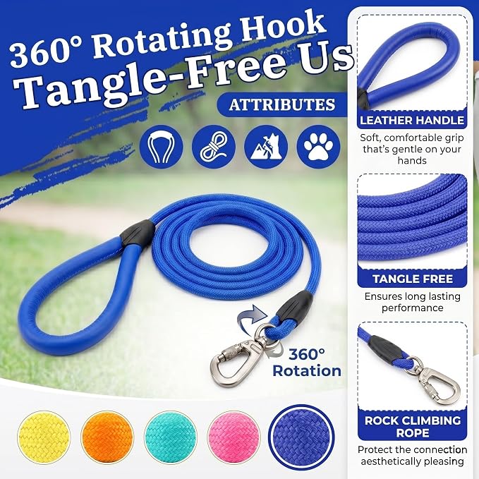 Dog Leashes Rope,Bold & Vivid Hues,Leash for dogs,Leather handle leashes,Strong Nylon Pet Lead, Pet lead,Resistant to dirt and bite,Rope dog leash for small dogs,Medium&Large dogs (Klein Blue, 5 FEET)