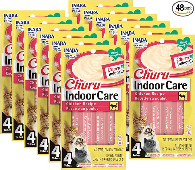 INABA Churu for Cats, Functional, Creamy Lickable Purée Cat Treat for Indoor Care and Hairball Control with Taurine & Vitamin E, 0.5 Ounces Each, 48 Tubes (4 per Pack), Chicken Recipe