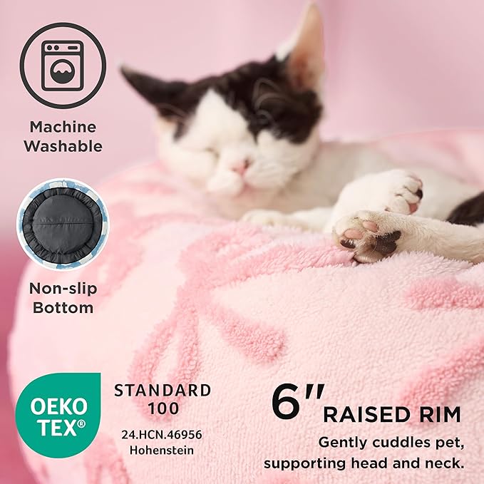 LE SURE Shown on TV Donut Cat Beds for Indoor Cats - Round Small Dog Bed Calming Bed Gift for Pets, Home Decor Cute Modern Beds with Jacquard Shaggy Plush & Anti Slip Bottom, 20 Inch, Pink Taffy