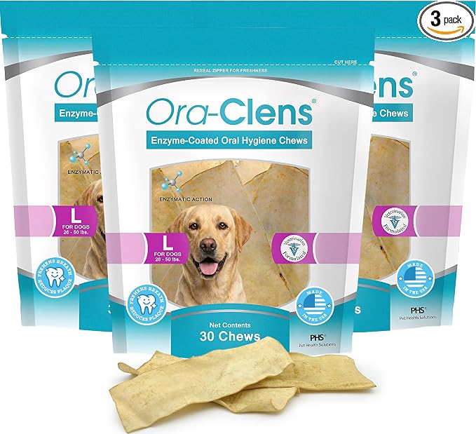 Oral Hygiene Chews for Large Dogs – Enzymatic Dental Treats for Daily Oral Care, Helps Clean Teeth & Freshen Breath, Supports Plaque & Tartar Control – 30 Chews (3 Pack)