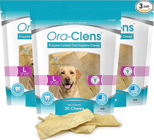 Oral Hygiene Chews for Large Dogs – Enzymatic Dental Treats for Daily Oral Care, Helps Clean Teeth & Freshen Breath, Supports Plaque & Tartar Control – 30 Chews (3 Pack)