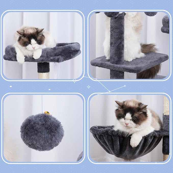 Hey-brother Cat Tree Tower, Scratching Posts with Removable Toys, Cozy Condo, Platform, Hammock, Sisal Scratch Board and Ball for Indoor Kittens, 41.3 Inches, Smoky Gray MPJ008SG