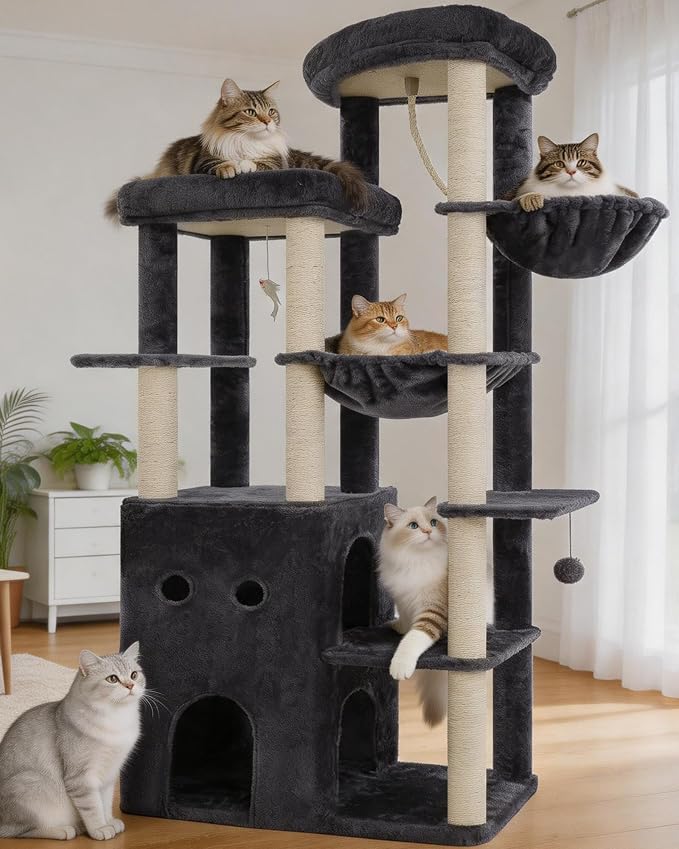 Heybly Cat Tree, 69.7 inches Secure Anti-Tip Cat Tower for Large Cats, Expansive Cat Furniture with Dual-Tier Cat Condo Villa, 2 Top Perches, Hammock & Full Sisal Scratching Posts, Smoky Gray HCT065G