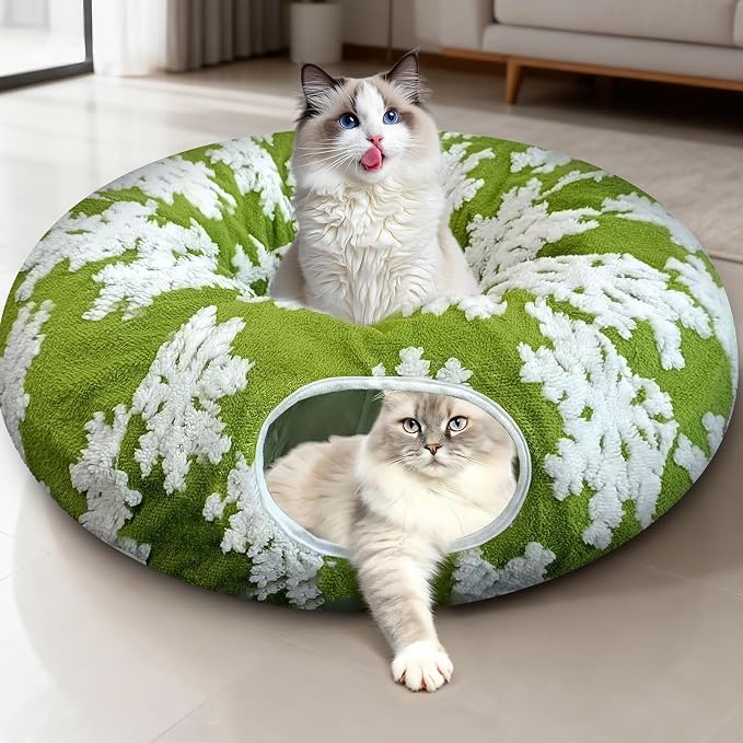 Cat Tunnels for Indoor Cats, Cute Cat Donut Tunnel with Washable Circle Cushion, Under Christmas Tree Soft Plush Peekaboo Cat Cave Toy for Kitten, Puppy, Rabbit (Green)