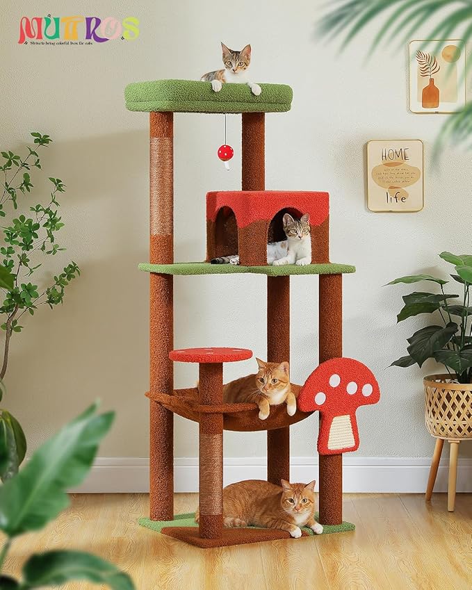 MUTTROS Mushroom Cat Tree Tower with Removable Scratcher, Large Hammock, Condo, Perch, 3 Sisal Posts – Multi-Level Cat Tree for Indoor Cats, Cute Cat Tower for Small Space Homes