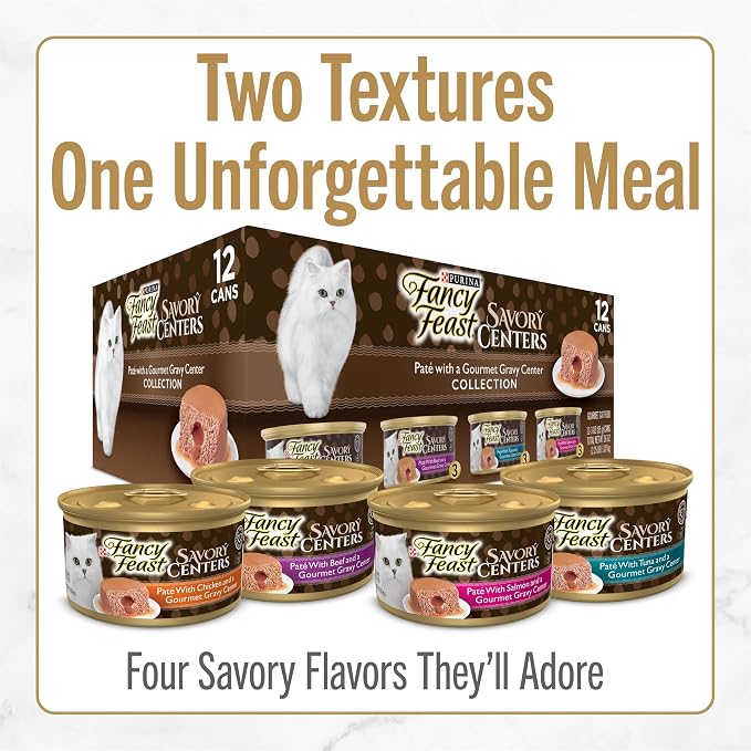 Fancy Feast Purina Savory Centers Gourmet Wet Cat Food Pate with Chicken and Gravy Center, 3 oz Cans (Pack of 48)
