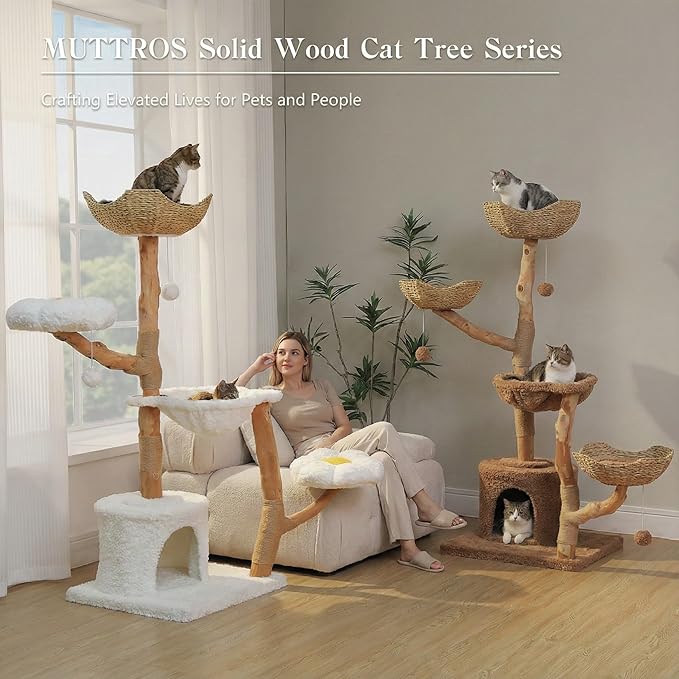 MUTTROS 59" Cat Tree Tower with Real Solid Wood Natural Branch, Modern Cat Tree for Large Cats w/3 Handwoven Wicker Baskets- Luxury Boho Cat Furniture w/Condo & Soft Hammock, Scratching Post, Brown