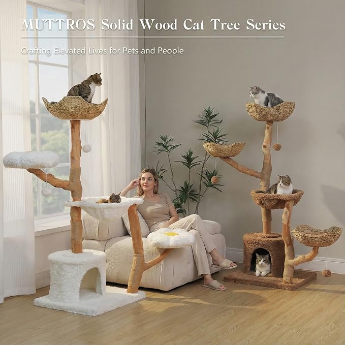 MUTTROS 59" Modern Cat Tree Tower for Large Cats w/2 Flower Perches-Natural Solid Wood Scratching Post with Real Branch-Luxury Boho Cat Furniture w/Condo & Wicker Basket Bed, Cloud White