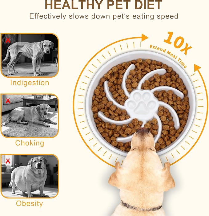 Ceramic Slow Feeder Dog Bowl, 3 Cup Dog Food or 25oz Water, Slow Eating Bowl for Middle Breed, Maze Puzzle Feeder for Fast Eaters, Anti-Choking Stop Bloat, Non-Slip BPA Free (White)