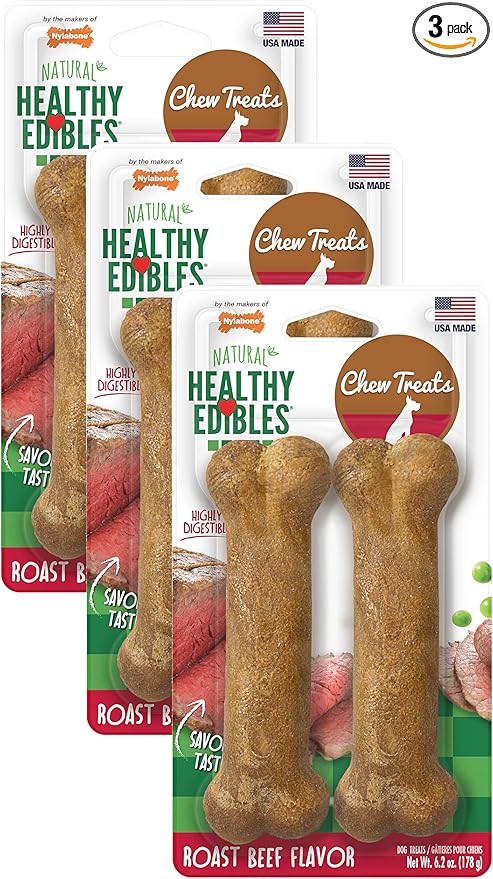 Nylabone Healthy Edibles Natural Dog Chews Long Lasting Roast Beef Flavor Treats for Dogs, Medium/Wolf, 2 Count, (Pak of 3)