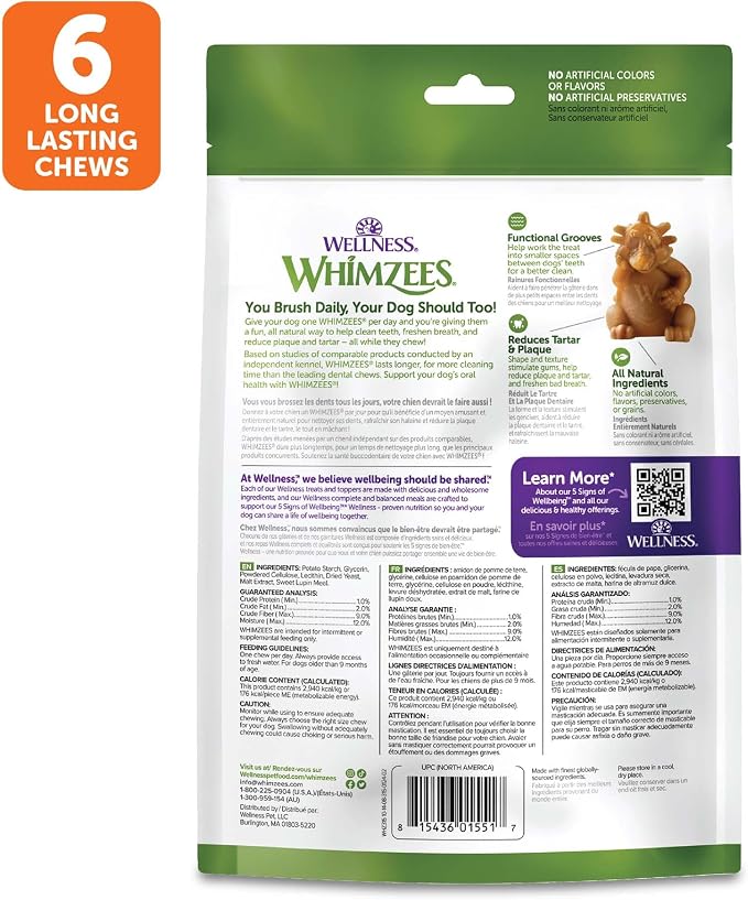 Whimzees Wellness Hedgehog Natural Dog Dental Treat, Chews, Freshens Breath, Large Size, 12.7 oz Bag, 6 Count