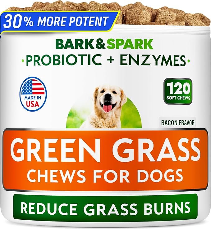 BARK&SPARK Green Grass Dog Chews – Dog Pee Grass & Urine Neutralizer for Lawn, Grass Burn Spot Chews with Probiotics & Enzymes, Helps Reduce Lawn Burn from Dog Urine (120 Soft Chews)