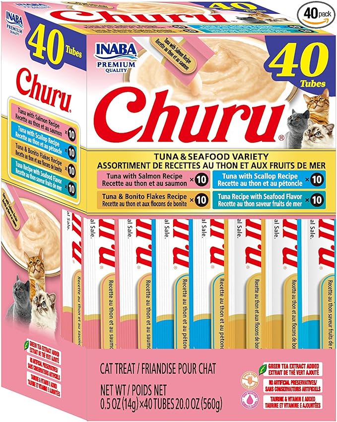 INABA Churu Cat Treats, Lickable, Squeezable Creamy Purée Cat Treat with Green Tea Extract & Taurine, 0.5oz. Each Tube, 40 Tubes, Tuna & Seafood Variety