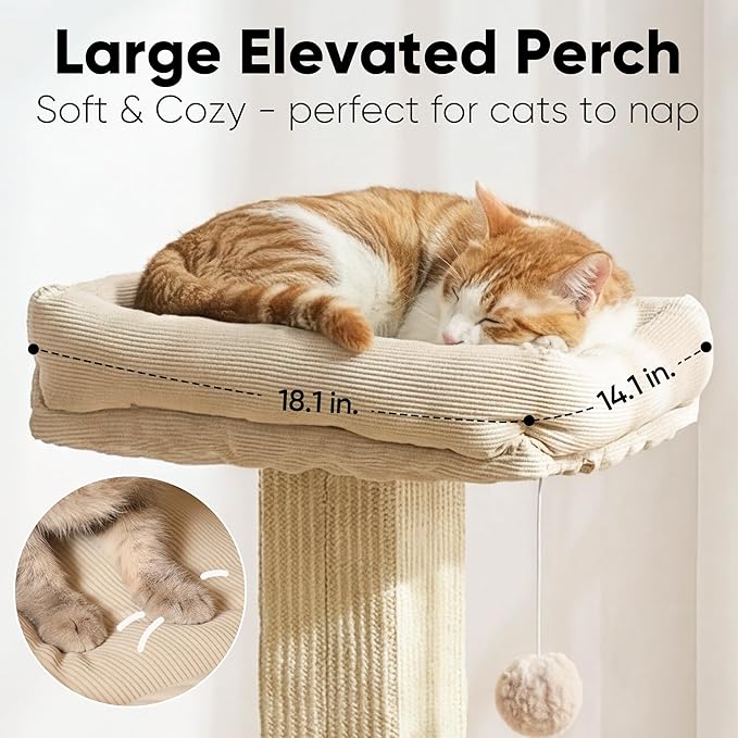 FUKUMARU Cat Scratching Post, Modern Style Tall Scratch Posts with Perch for Indoor Cats Adults, Large Cat Scratcher Tower with Bed, Small Tree with Raised Stand, Natural Sisal & Solid Wood