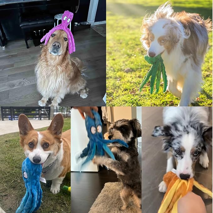 HGB Squeaky Dog Toys - 2 Pack No Stuffing Octopus Crinkle Plush Chew Toys for Puppies Small Medium Large Dogs, Interactive Tug Toys to Keep Dogs Busy