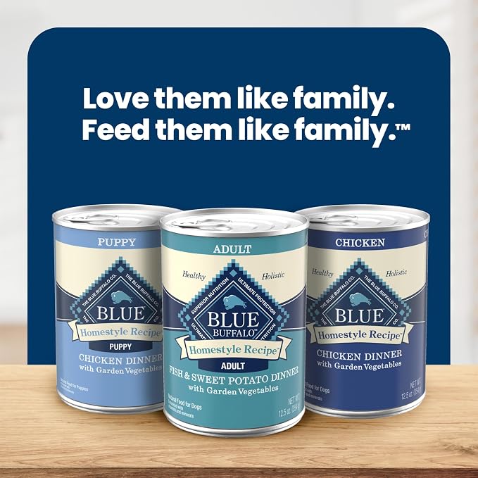 Blue Buffalo Homestyle Recipe Fish & Sweet Potato Dinner with Garden Vegetables Natural Wet Dog Food for Adult Dogs, Paté with Natural Ingredients, Vitamins & Minerals, 12.5-oz. Can (12 Count)