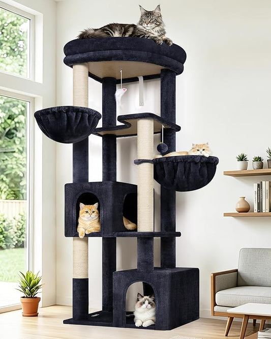 Globlazer 64in Corner Cat Tree for Large Indoor Cats, Space Saving Multi-Level Cat Tower with 2 Condos, 2 Hammocks, 4 Sisal Scratching Posts, C64, Dark Grey