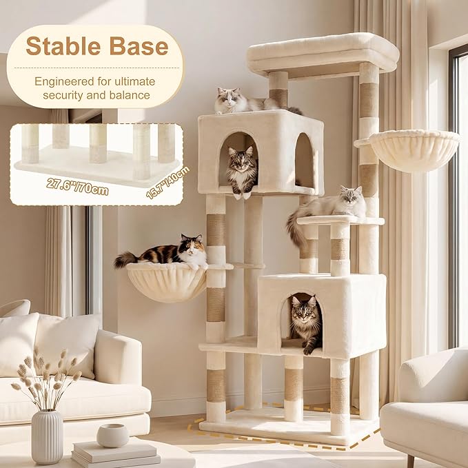 Heybly 68.1" Cat Tree with Oversized Top Platform & Wide Base, Heavy Duty Cat Tower for Large Indoor Cats with 2 Condos, 2 Hammocks, 10 Sisal Scratching Posts, Stable Cat House, Beige HCT059MJ