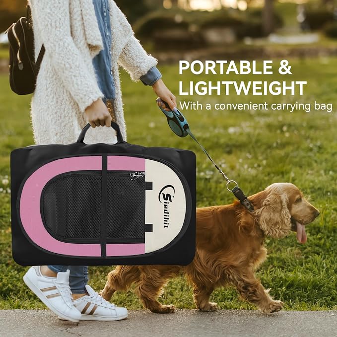 Siedihit Pink Puppy Playpen for Middle Dog Cat, Dog Tent Crates Cage Indoor/Outdoor, Portable Pop Up Dog Kennel with Carrying Bag for Rabbits, (Pink, Medium)
