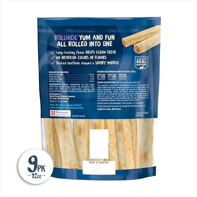 Purina Busy Rawhide Small/Medium Breed Dog Bones, Rollhide - 9 ct. Pouch