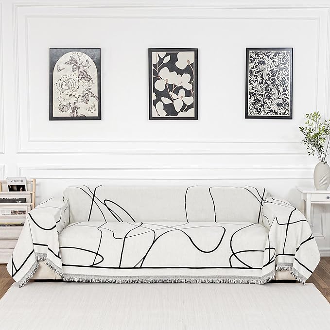 MEETSKY Sectional Sofa Covers Couch Covers for 2 Cushion Couch Sofa Chenille Couch Cover Living Room Multi-Use L Shaped Sofa Slipcovers for Dogs Cats Tassel Edge 71" x 118", Black Curve