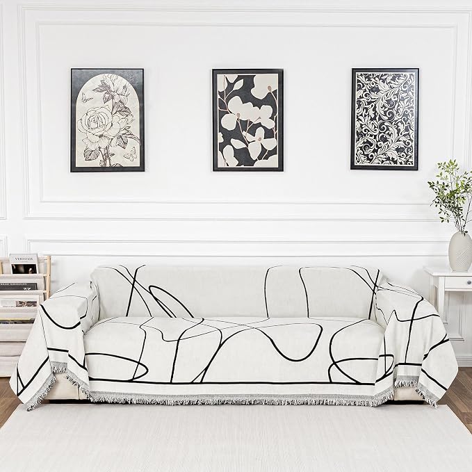 MEETSKY Couch Cover Sofa Covers Washable Simple Modern Black Jacquard Sofa Slipcover for 3 Cushion Couch Covers, Chenille Couch Cushion Covers for Dogs Kids Easy Install, 91" x 134", Black Curve
