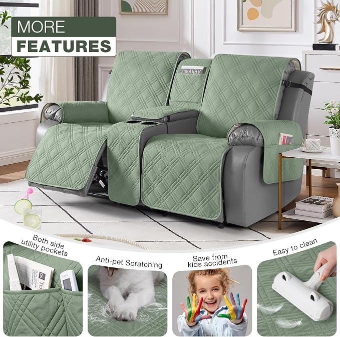 TAOCOCO Loveseat Recliner Cover with Center Console, 100% Waterproof Pet Cover for Dual Recliner with Straps Design, Split Reclining Loveseat Covers Furniture Pet&Kids Protector (2 Seater, Sage Green)