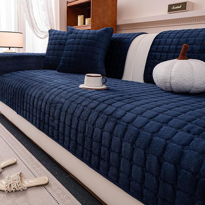 Velvet Couch Cover, Plush Sectional Sofa Cover Washable, Anti Slip Sofa Slipcover for 3-4 Cushions Sofas, Furniture Protector Covers for Pets & Kids(1PC,Navy Blue,36"×83")